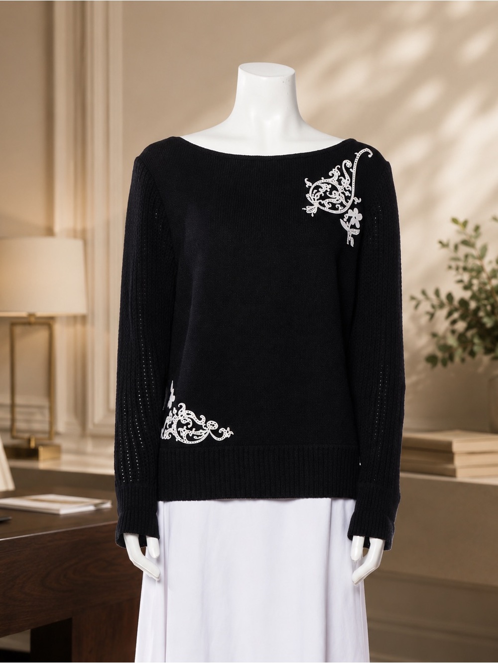 St. John Collection Black Pullover with White Embroidery - Size M